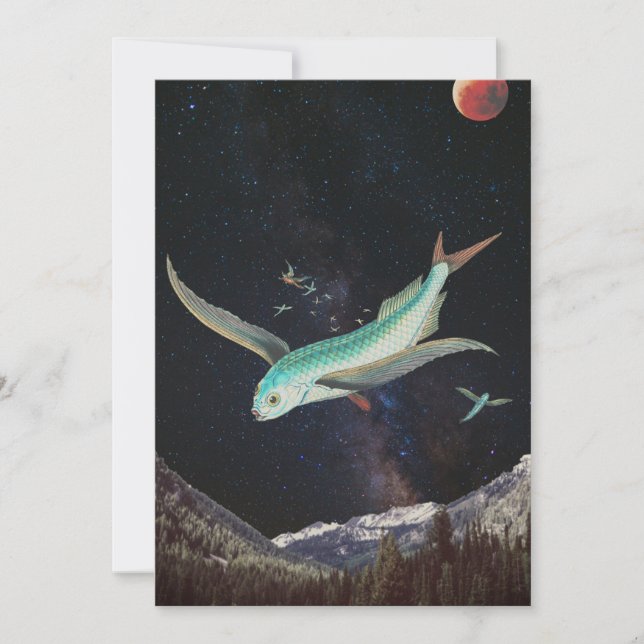 Editable Psychedelic Flying Fish Space Greeting Holiday Card (Front)