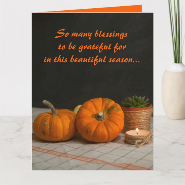 Editable Pumpkins Plant and Candle Thanksgiving Card (Front)