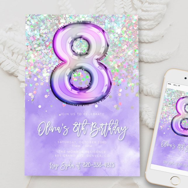 Editable Purple 8th Birthday Invitation Glitter 8 (Creator Uploaded)