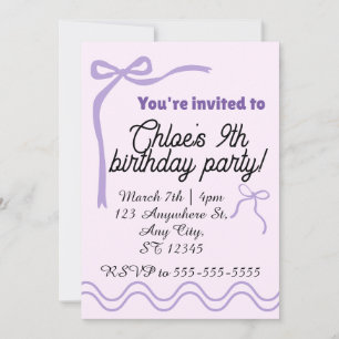 Editable purple bow birthday invitation