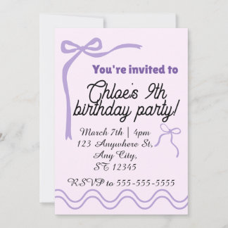 Editable purple bow birthday invitation