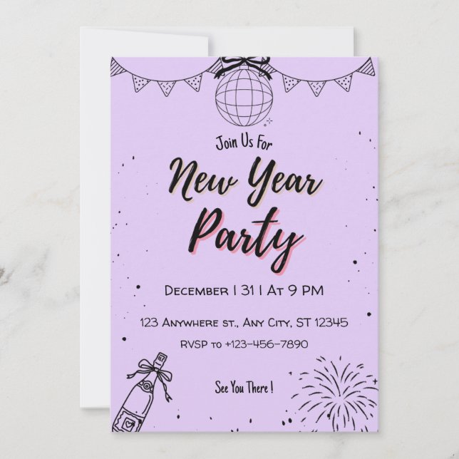 Editable Purple New Year Party Invitation | Elegan (Front)