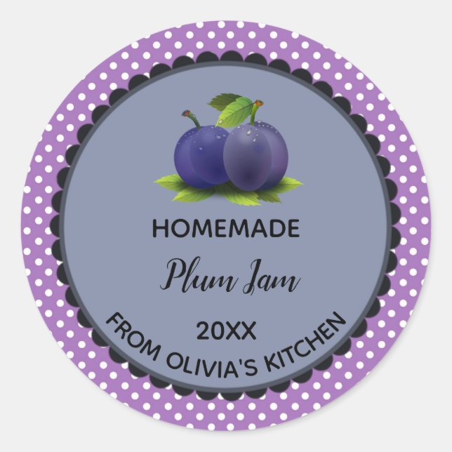 Editable Purple Polka Dot Plum Jam Label Stickers (Front)