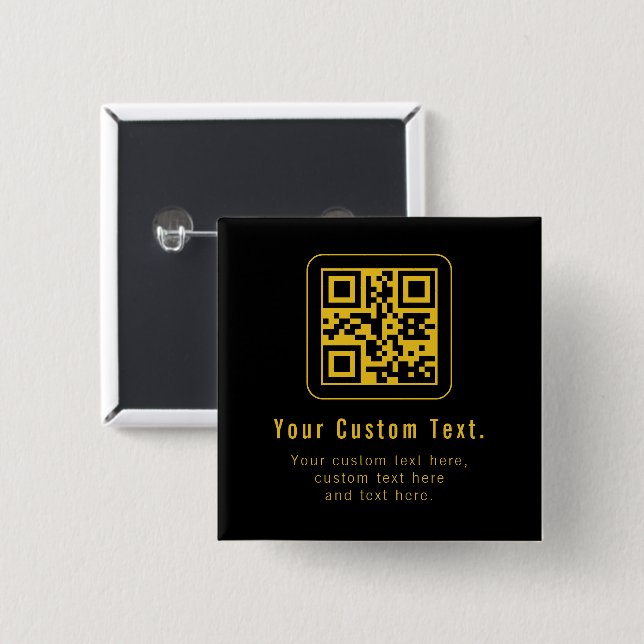 Editable QR Code & Text Template | Black & Gold 2 Inch Square Button (Front & Back)