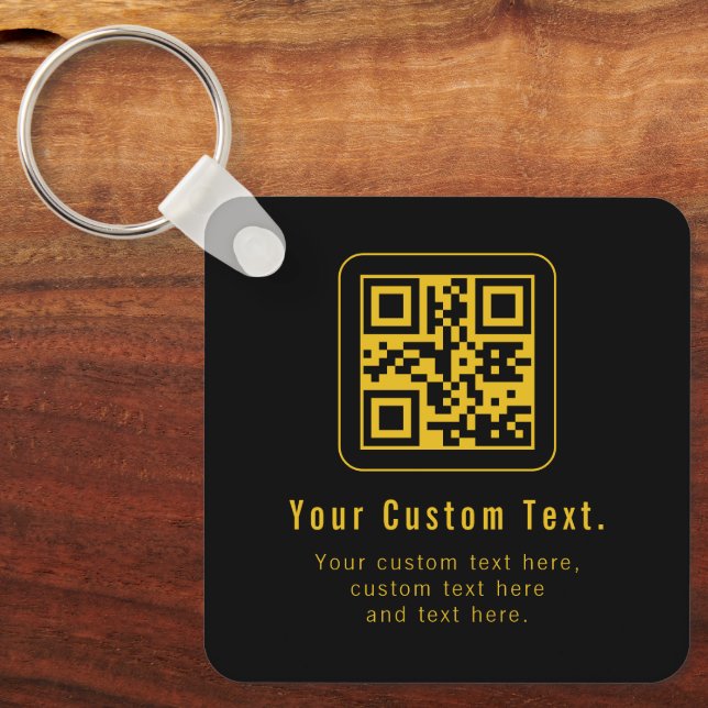 Editable QR Code & Text Template | Black & Gold Keychain (Front)