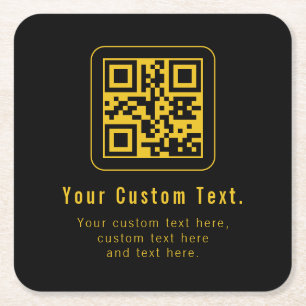 Editable QR Code & Text Template   Black & Gold Square Paper Coaster