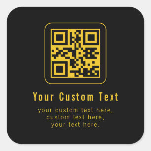 Editable QR Code & Text Template   Black & Gold Square Sticker
