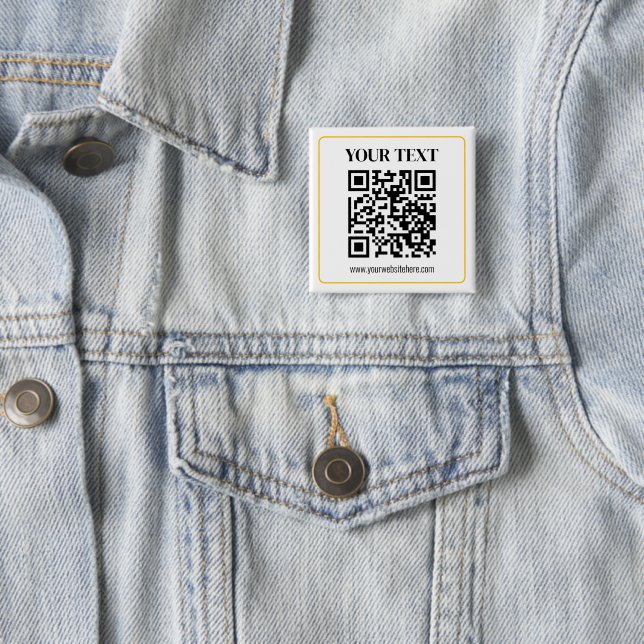 Editable QR code & Text w/Yellow Gold Border 2 Inch Square Button (In Situ)