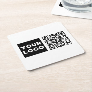 Editable QR code & Your Business Logo or Image Square Paper Coaster