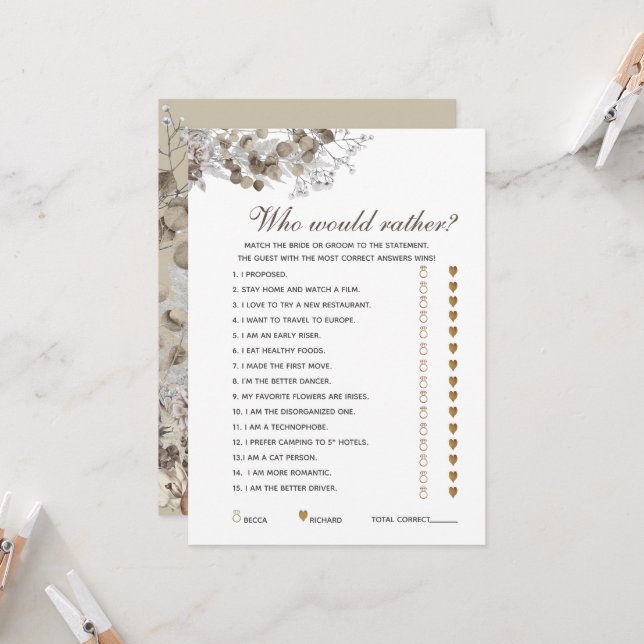 Editable Questions Rustic Bridal Shower Game Card (Front/Back In Situ)