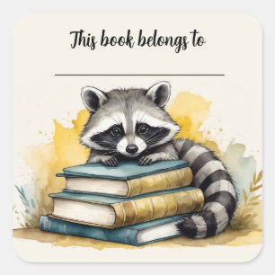 Editable Raccoon and Books Bookplate Sticker
