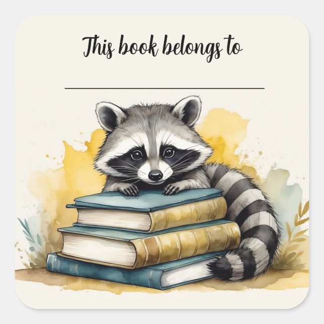 Editable Raccoon and Books Bookplate Sticker (Front)