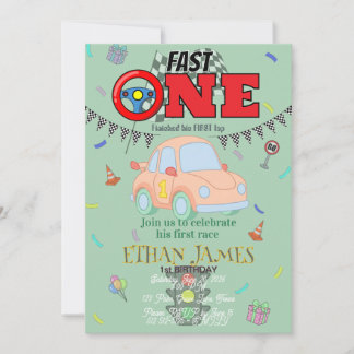 Editable Racing Boy 1st Birthday green Invitation
