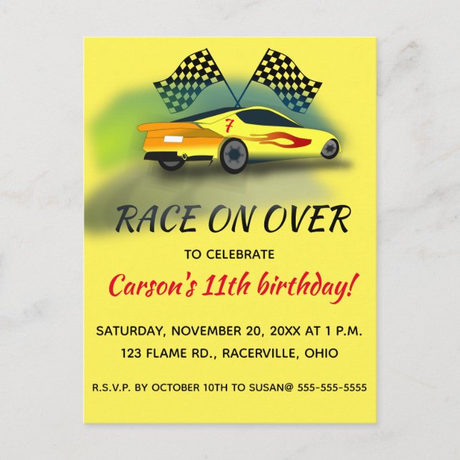 Editable Racing Car Birthday Party Invitation Postcard (Front)