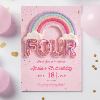 Editable Rainbow Fourth Birthday Invitation, Pink  Invitation