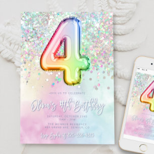 Editable Rainbow Glitter 4th Birthday Invitation 4