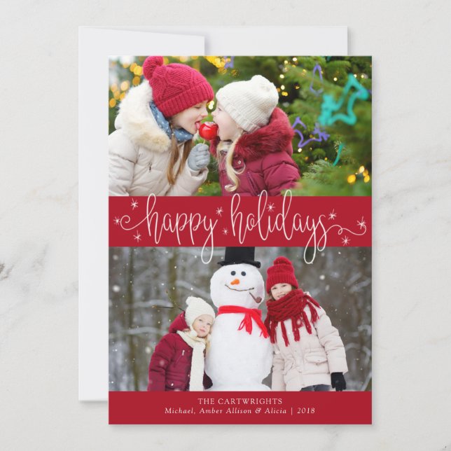 Editable Red  and White Script HAPPY HOLIDAYS Holiday Card (Front)