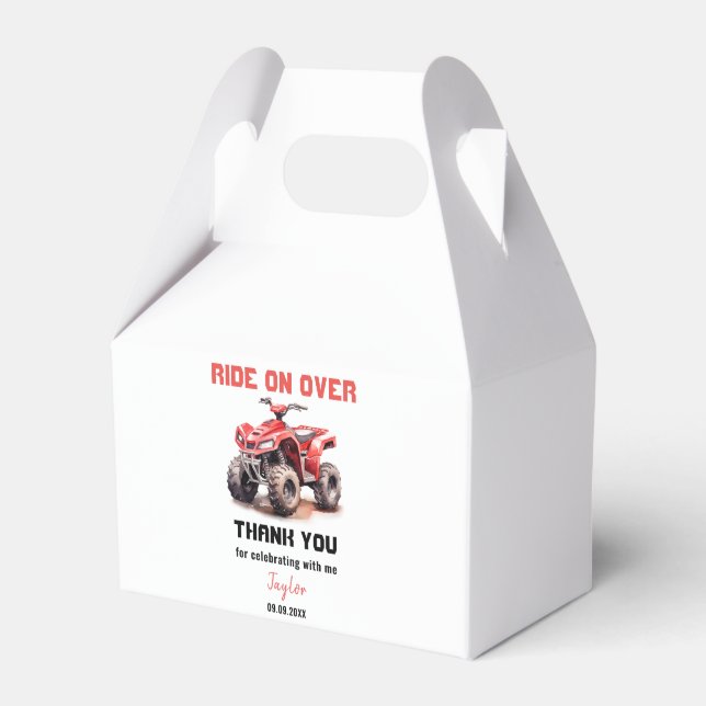 Editable Red ATV Wheeler Bike Birthday Party Favor Box (Front Side)