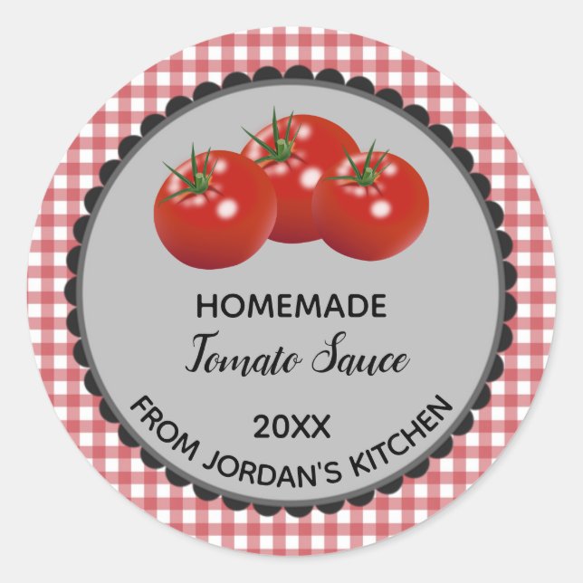 Editable Red Gingham Tomato Sauce Label Stickers (Front)