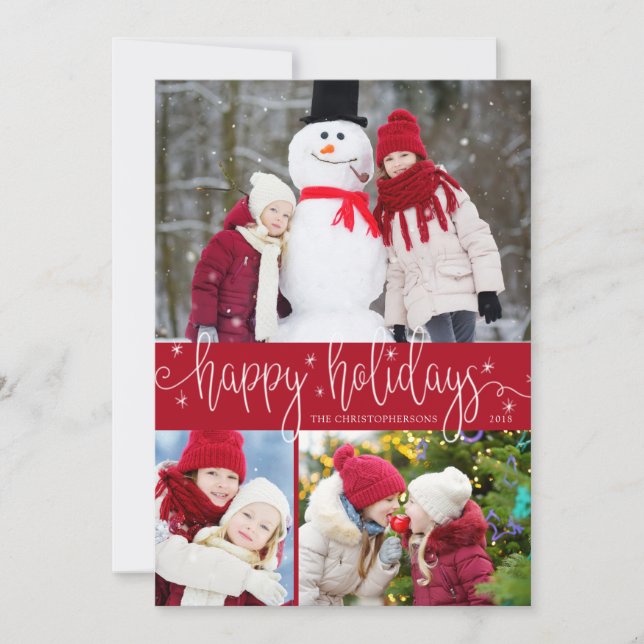 Editable Red & White Script HAPPY HOLIDAYS 3 Photo Holiday Card (Front)
