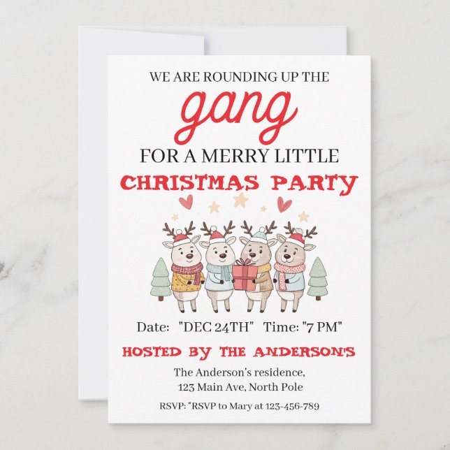 Editable Reindeer Christmas Party Invitation (Front)
