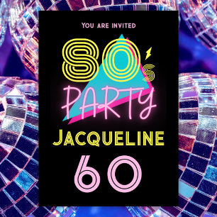 Editable Retro 80s Party Neon Pink 60th Birthday Invitation