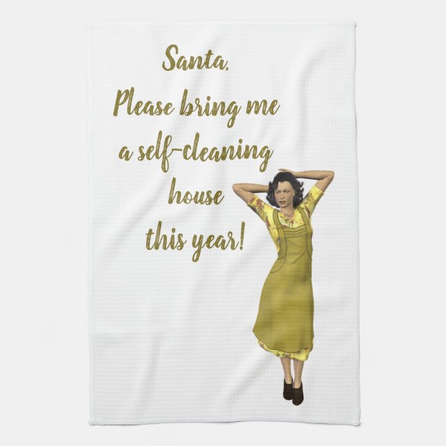 Editable Retro Lady Self Clean House Request Kitchen Towel (Vertical)