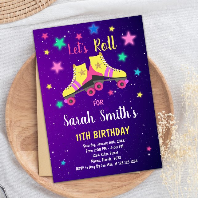 Editable Retro Roller Skating Party Invite (Neon Star Skate Birthday Invitations)