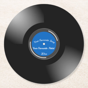 Editable Retro Vinyl Record With Blue Centre Round Paper Coaster