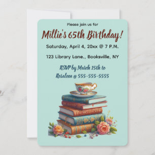 Editable Roses Books Teacup Birthday Invitation