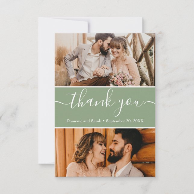 Editable Sage Green Wedding Photos Thank you Card (Front)