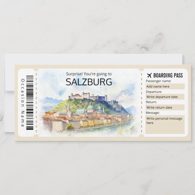 Editable Salzburg Plane ticket, Austria Trip Invitation (Front)