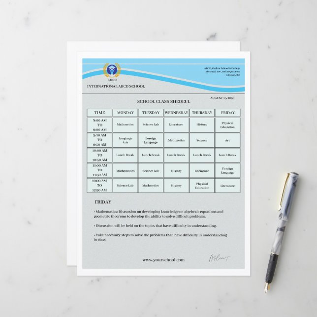 Editable School Time Table Template | Weekly Class (Front/Back In Situ)