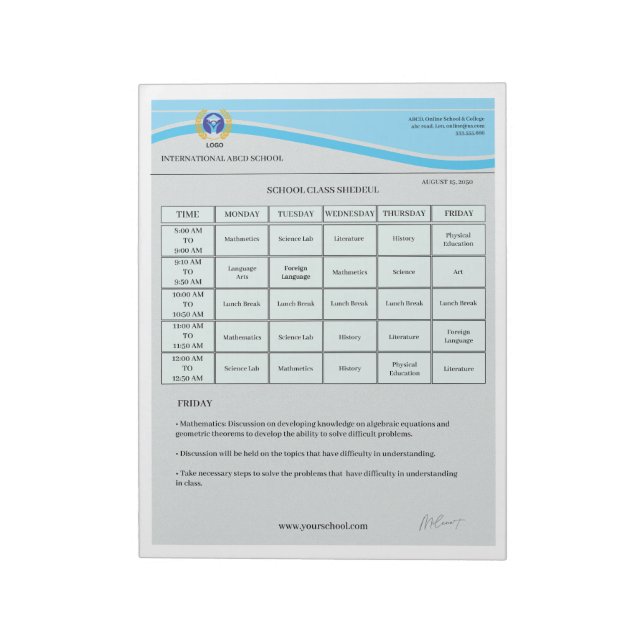 Editable School Time Table Template | Weekly Class Notepad (Rotated)
