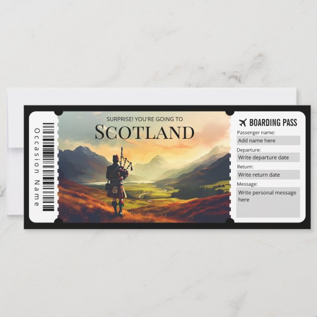 Editable Scotland Plane Boarding Pass Ticket Invitation (Front)