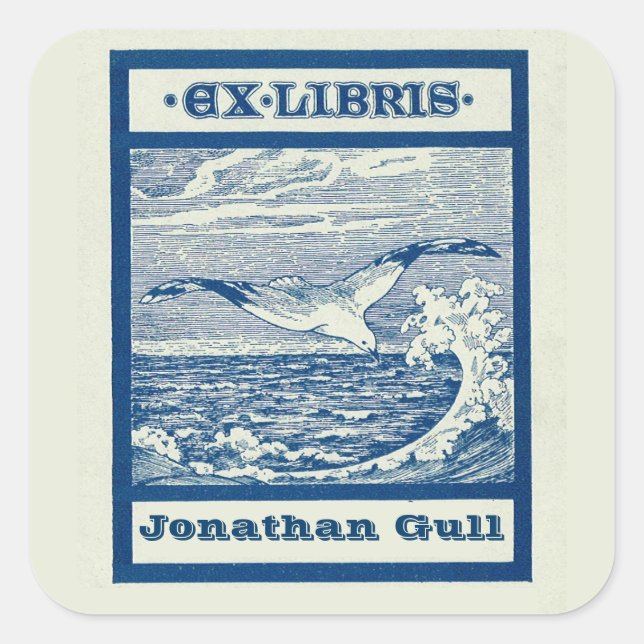 Editable Seagull Over a Wave Bookplate Square Sticker (Front)