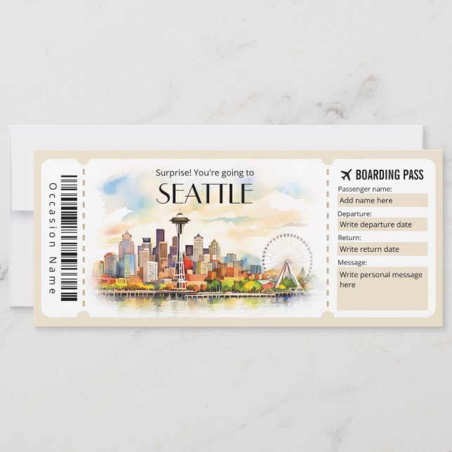 Editable Seattle Plane Boarding Pass Ticket Invitation (Front)