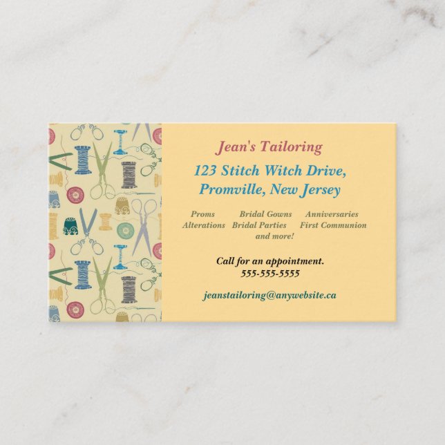 Editable Sewing Supplies Tailor Seamstress Business Card (Front)