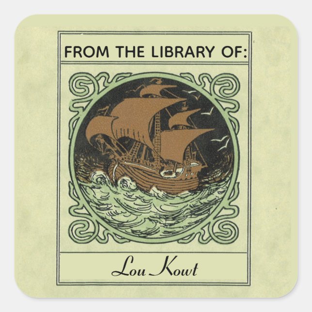 Editable Ship in Stormy Waters Bookplate Square Sticker (Front)