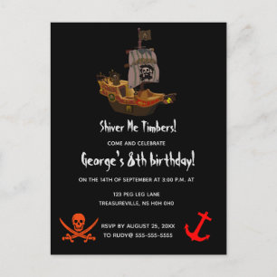 Editable Shiver Me Timbers Pirate Birthday Invitation Postcard