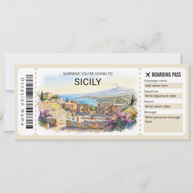 Editable Sicily Trip Boarding Pass Ticket Invitation (Front)