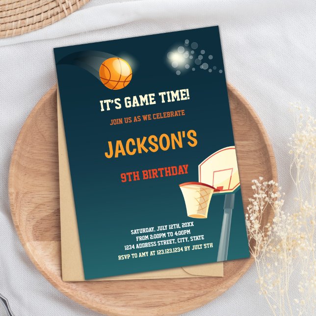 Editable Slam Dunk Sports Party Invite (Dark Green Basketball Invitations)