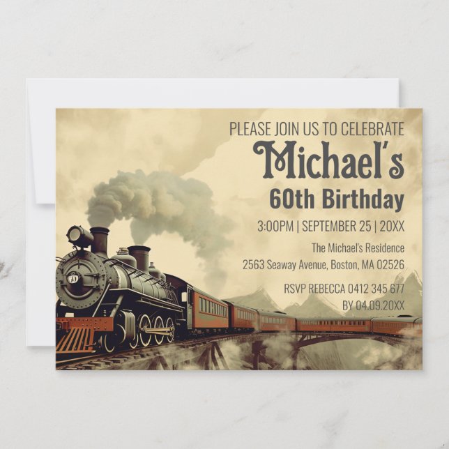 Editable Smoke Bridge Vintage Steam Train Birthday Invitation (Front)