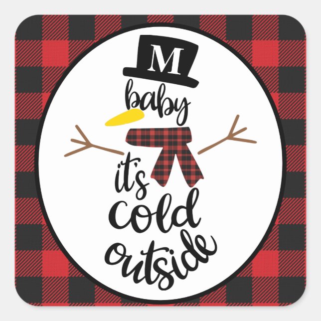 Editable Snowman Red & Black Buffalo Plaid Square Sticker (Front)