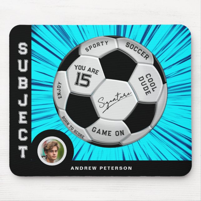 Editable Soccer Ball Bold Font Blue Birthday Mouse Pad (Front)