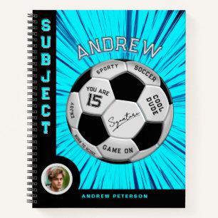 Editable Soccer Ball Bold Font Blue Birthday Notebook