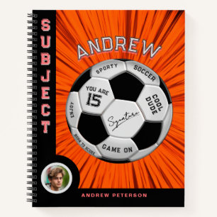 Editable Soccer Ball Modern Orange Milestone Birth Notebook