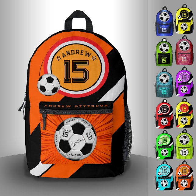 Editable Soccer Ball Modern Orange Milestone Printed Backpack (Creator Uploaded)