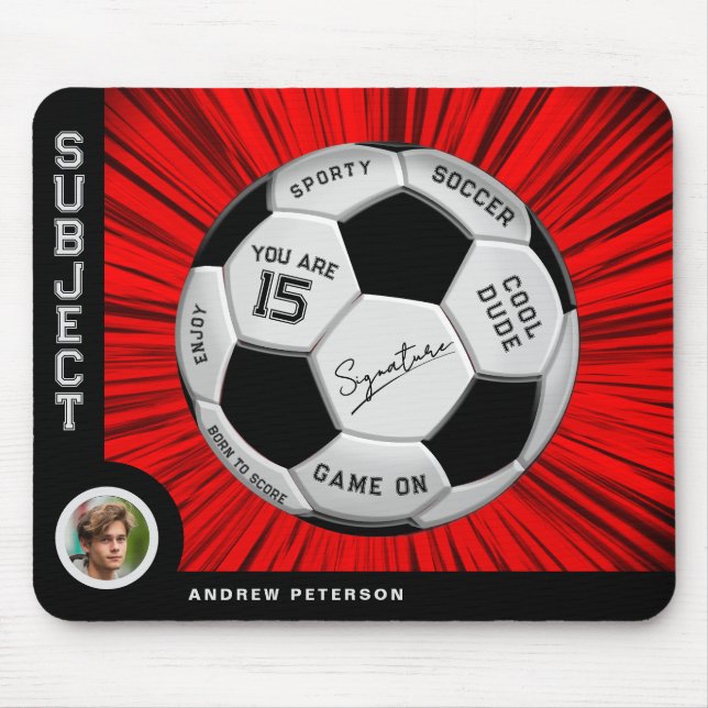 Editable Soccer Ball Modern Red Milestone Birthday Mouse Pad (Front)