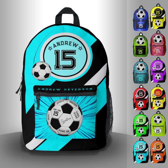 Editable Soccer Ball Modern Teal Blue Milestone Printed Backpack (Creator Uploaded)
